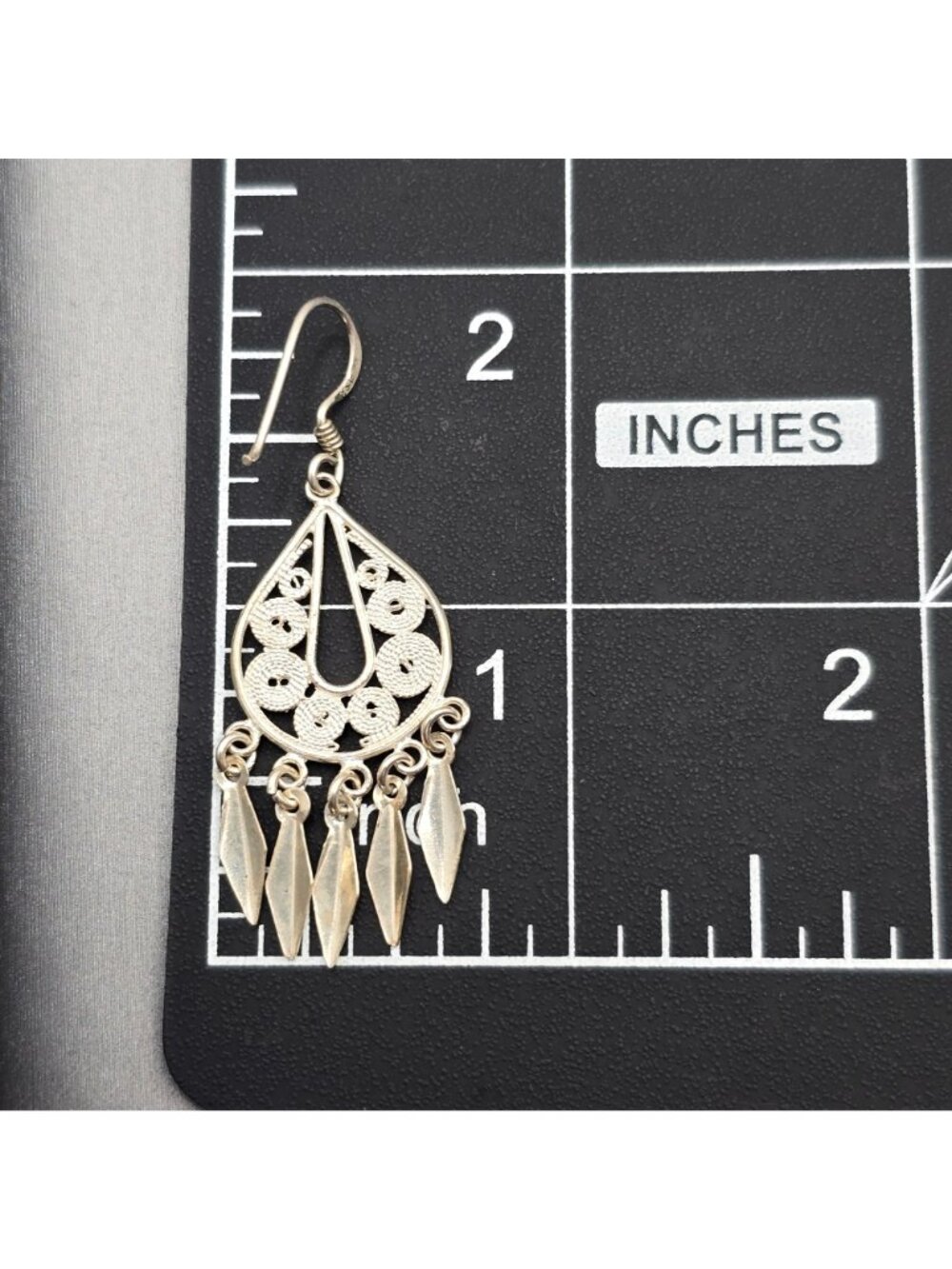 Vintage Sterling Silver Filigree Chandelier Earrings 1.75" Bali Drop Dangle - Picture 6 of 9